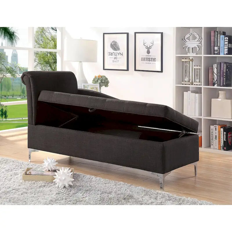 Transitional Button-Tufted Chaise Lounge with Hidden Storage and Chrome Legs, Dark Grey Fabric
