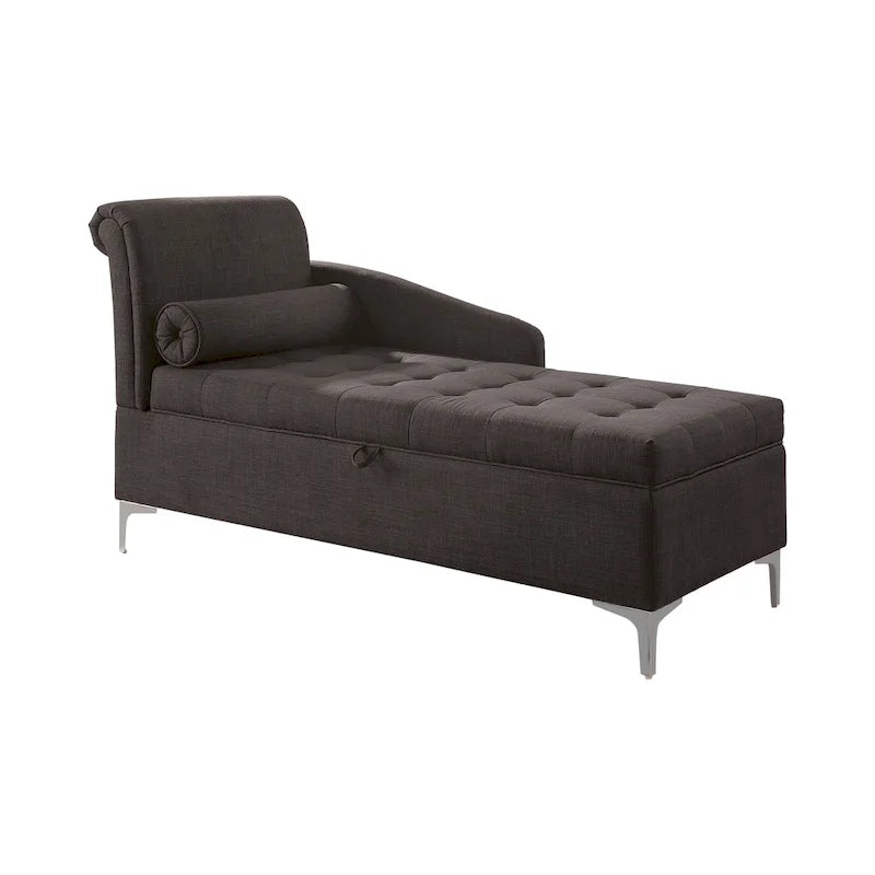 Transitional Button-Tufted Chaise Lounge with Hidden Storage and Chrome Legs, Dark Grey Fabric