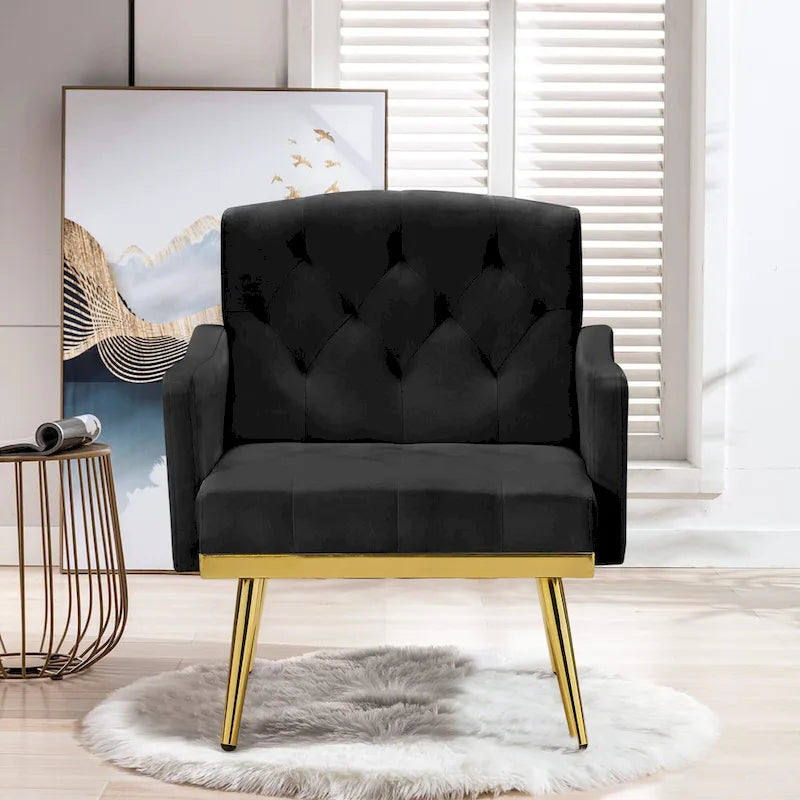 Čalouněné sametové křeslo s dekorativním prošíváním, boční kapsou, zlatými kovovými nohami a ergonomicky tvarovaným opěradlem, nosnost 250 lb