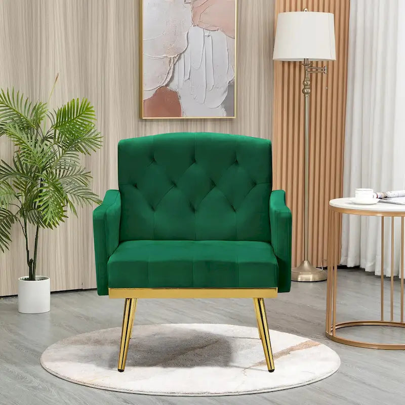 Čalouněné sametové křeslo s dekorativním prošíváním, boční kapsou, zlatými kovovými nohami a ergonomicky tvarovaným opěradlem, nosnost 250 lb