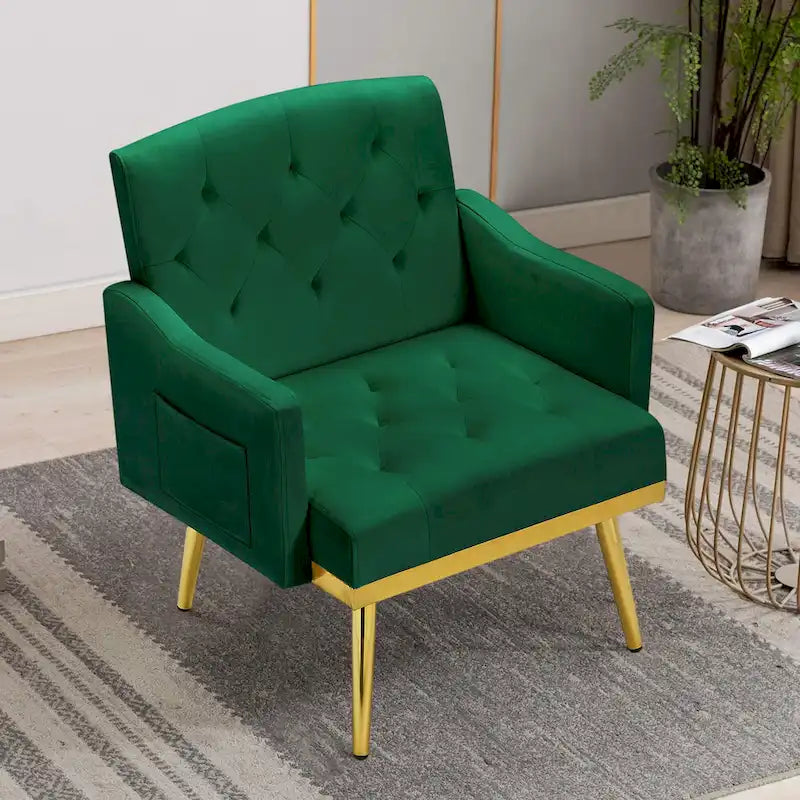 Čalouněné sametové křeslo s dekorativním prošíváním, boční kapsou, zlatými kovovými nohami a ergonomicky tvarovaným opěradlem, nosnost 250 lb