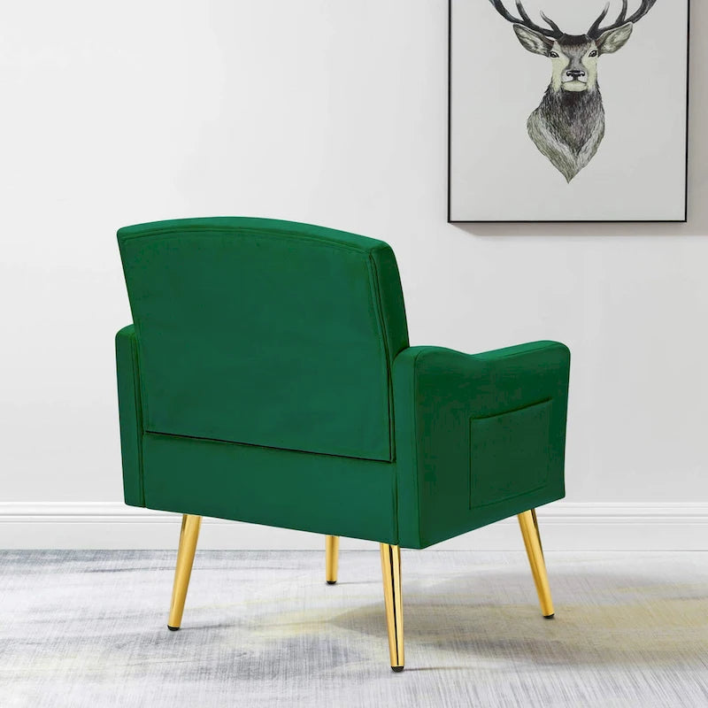 Čalouněné sametové křeslo s dekorativním prošíváním, boční kapsou, zlatými kovovými nohami a ergonomicky tvarovaným opěradlem, nosnost 250 lb