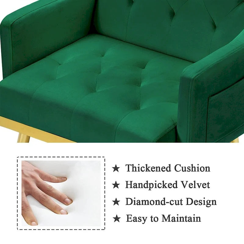 Čalouněné sametové křeslo s dekorativním prošíváním, boční kapsou, zlatými kovovými nohami a ergonomicky tvarovaným opěradlem, nosnost 250 lb