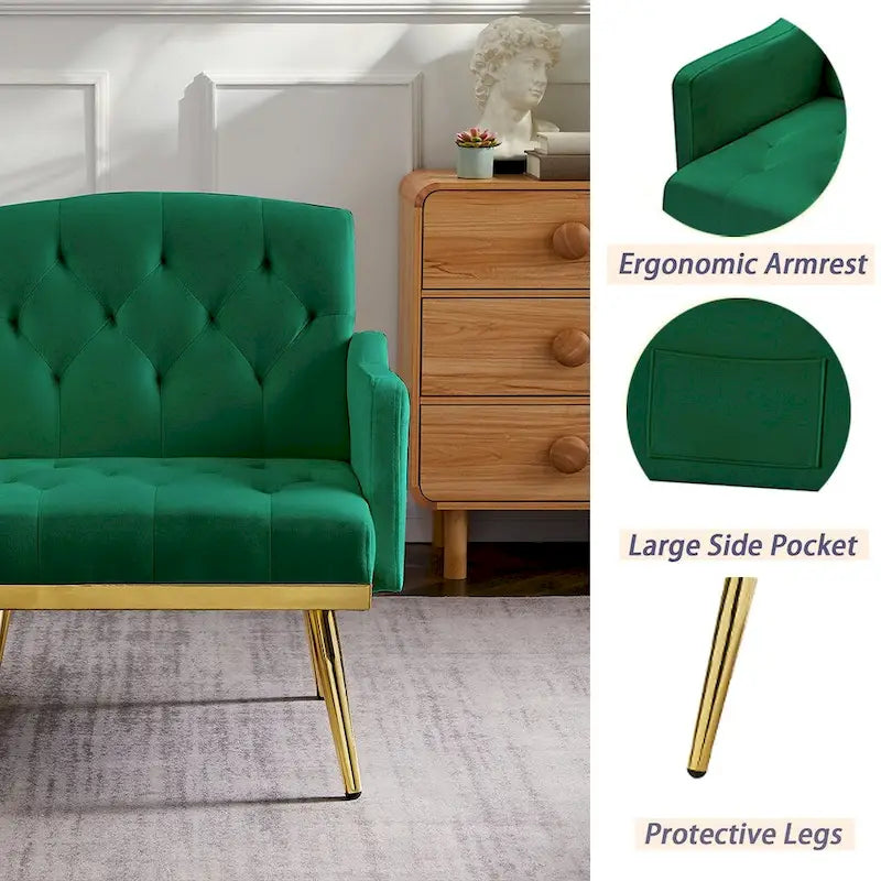 Čalouněné sametové křeslo s dekorativním prošíváním, boční kapsou, zlatými kovovými nohami a ergonomicky tvarovaným opěradlem, nosnost 250 lb