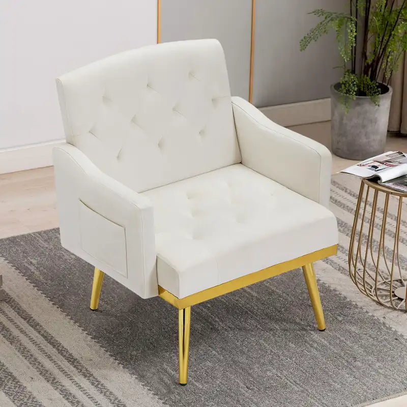 Čalouněné sametové křeslo s dekorativním prošíváním, boční kapsou, zlatými kovovými nohami a ergonomicky tvarovaným opěradlem, nosnost 250 lb