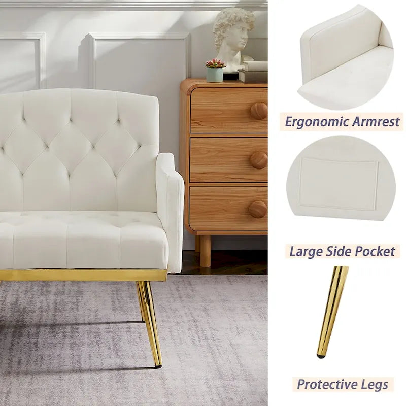 Čalouněné sametové křeslo s dekorativním prošíváním, boční kapsou, zlatými kovovými nohami a ergonomicky tvarovaným opěradlem, nosnost 250 lb