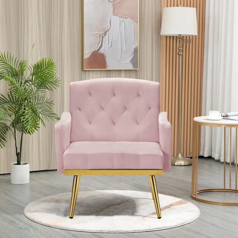 Čalouněné sametové křeslo s dekorativním prošíváním, boční kapsou, zlatými kovovými nohami a ergonomicky tvarovaným opěradlem, nosnost 250 lb