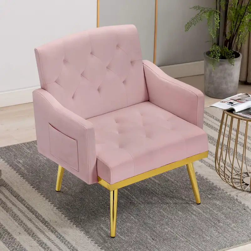 Čalouněné sametové křeslo s dekorativním prošíváním, boční kapsou, zlatými kovovými nohami a ergonomicky tvarovaným opěradlem, nosnost 250 lb