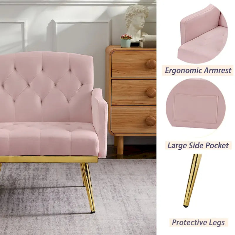 Čalouněné sametové křeslo s dekorativním prošíváním, boční kapsou, zlatými kovovými nohami a ergonomicky tvarovaným opěradlem, nosnost 250 lb