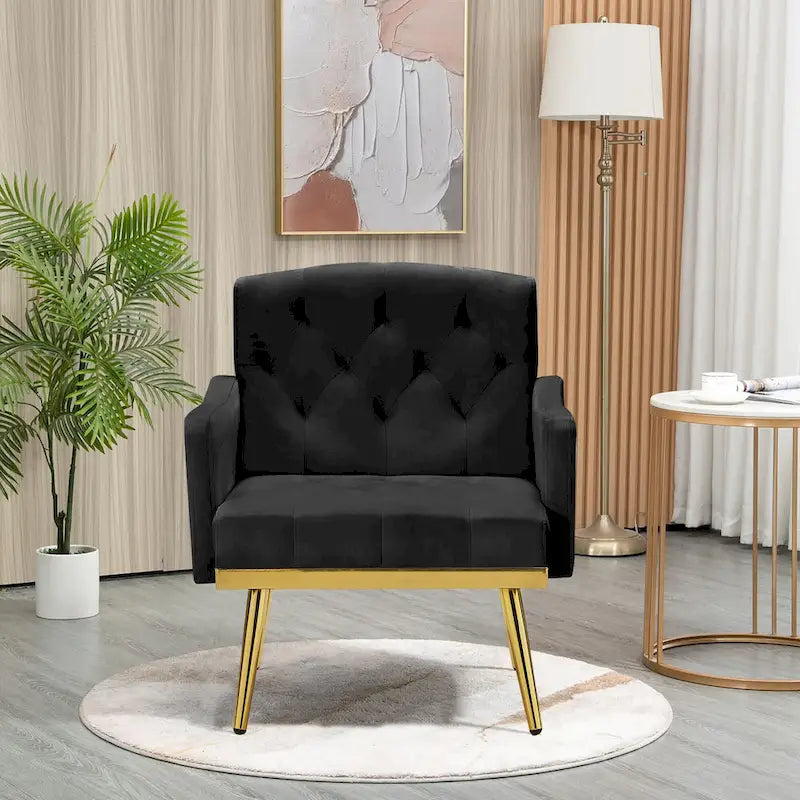 Čalouněné sametové křeslo s dekorativním prošíváním, boční kapsou, zlatými kovovými nohami a ergonomicky tvarovaným opěradlem, nosnost 250 lb
