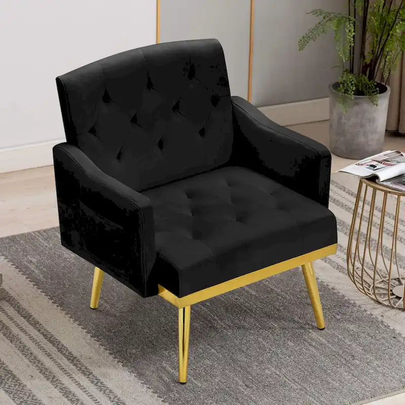 Čalouněné sametové křeslo s dekorativním prošíváním, boční kapsou, zlatými kovovými nohami a ergonomicky tvarovaným opěradlem, nosnost 250 lb