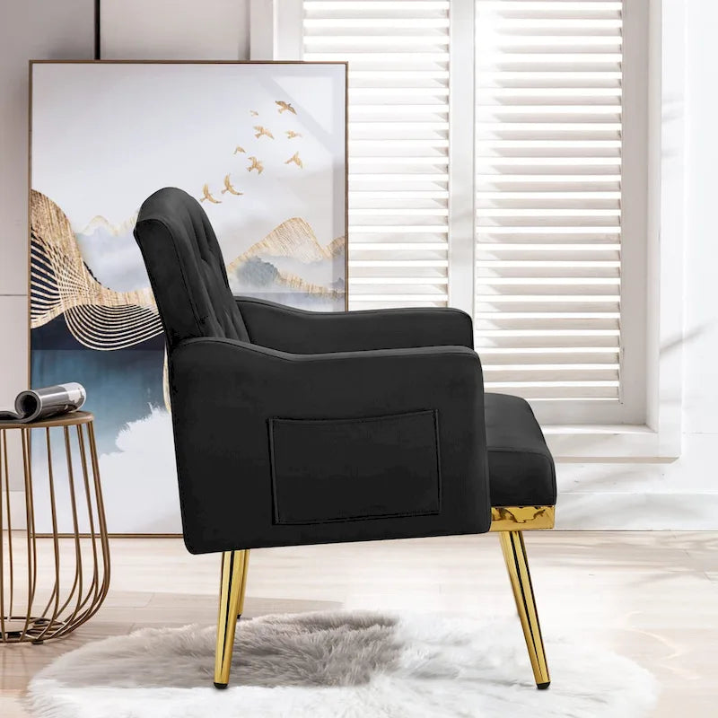Čalouněné sametové křeslo s dekorativním prošíváním, boční kapsou, zlatými kovovými nohami a ergonomicky tvarovaným opěradlem, nosnost 250 lb