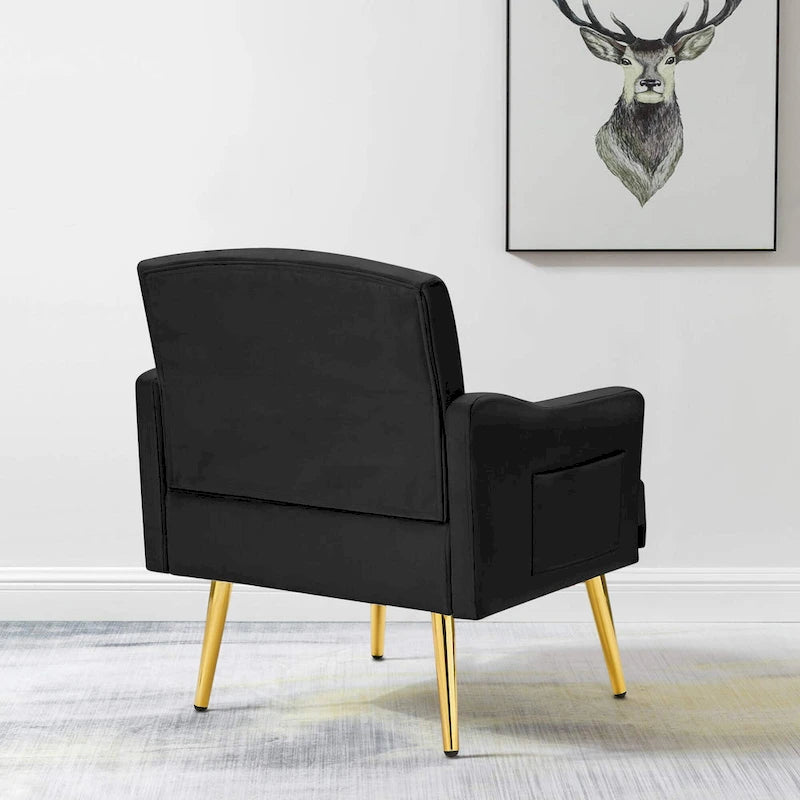 Čalouněné sametové křeslo s dekorativním prošíváním, boční kapsou, zlatými kovovými nohami a ergonomicky tvarovaným opěradlem, nosnost 250 lb