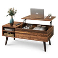 Couchtisch mit Hubplatte, verstecktem Stauraum, seitlicher Ablage und Holzmaserung im Mid-Century-Stil
