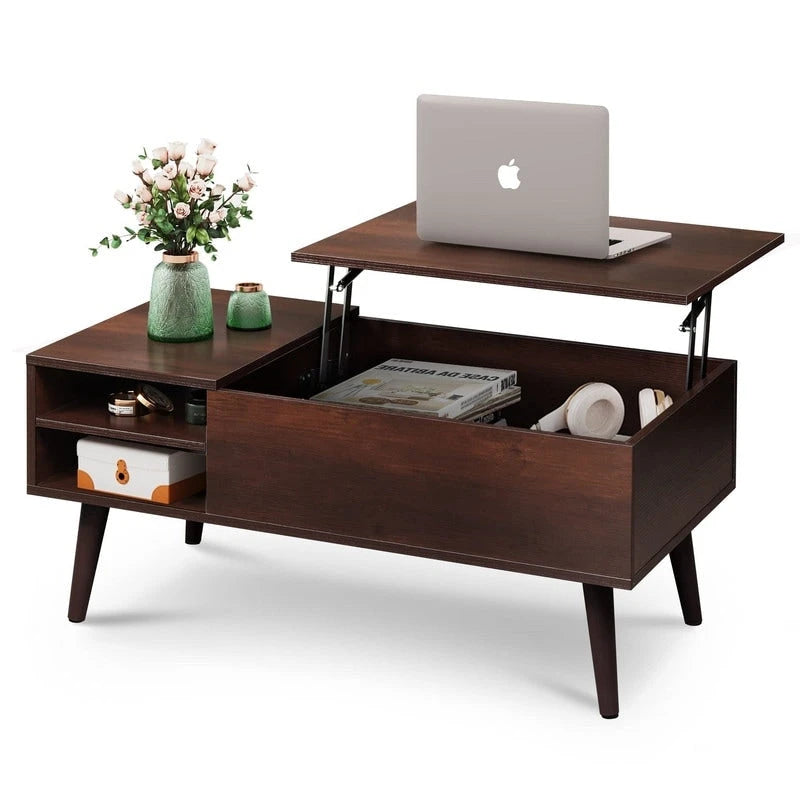 Couchtisch mit Hubplatte, verstecktem Stauraum, seitlicher Ablage und Holzmaserung im Mid-Century-Stil