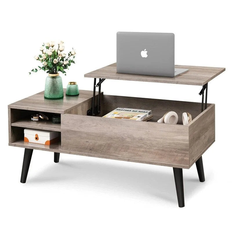 Couchtisch mit Hubplatte, verstecktem Stauraum, seitlicher Ablage und Holzmaserung im Mid-Century-Stil