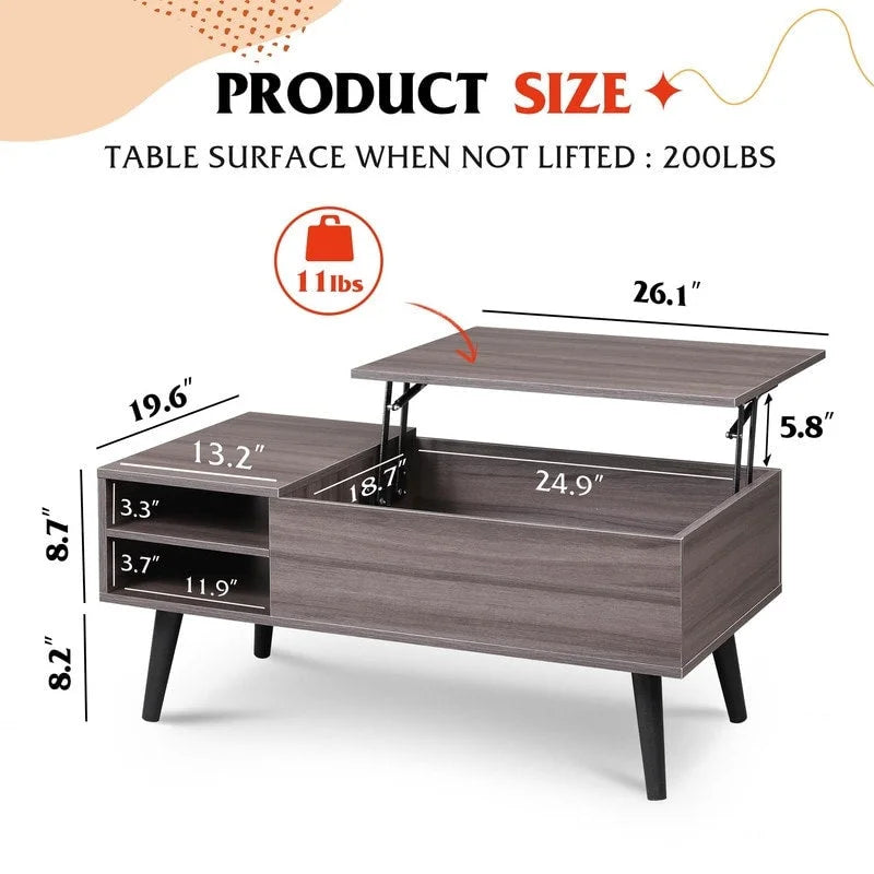 Couchtisch mit Hubplatte, verstecktem Stauraum, seitlicher Ablage und Holzmaserung im Mid-Century-Stil