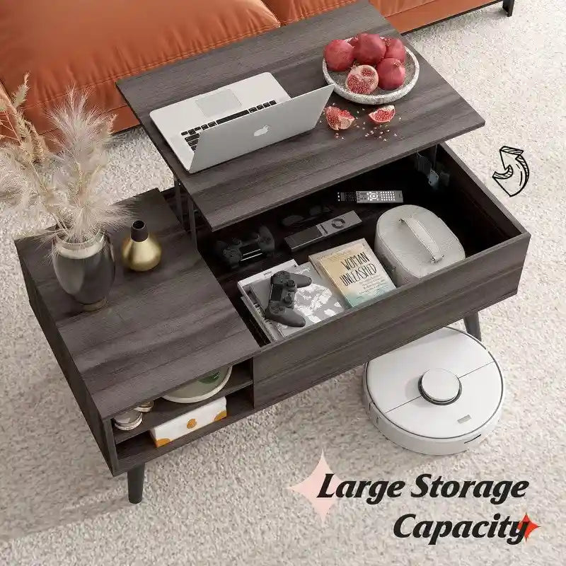 Couchtisch mit Hubplatte, verstecktem Stauraum, seitlicher Ablage und Holzmaserung im Mid-Century-Stil