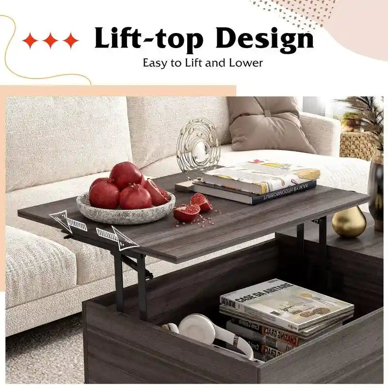 Couchtisch mit Hubplatte, verstecktem Stauraum, seitlicher Ablage und Holzmaserung im Mid-Century-Stil
