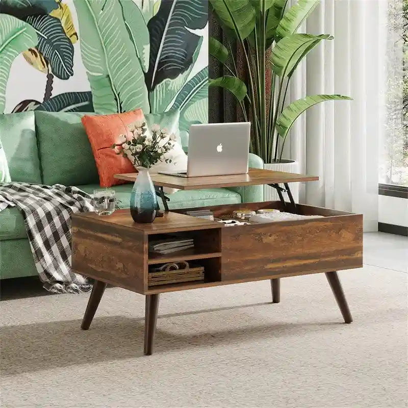 Couchtisch mit Hubplatte, verstecktem Stauraum, seitlicher Ablage und Holzmaserung im Mid-Century-Stil