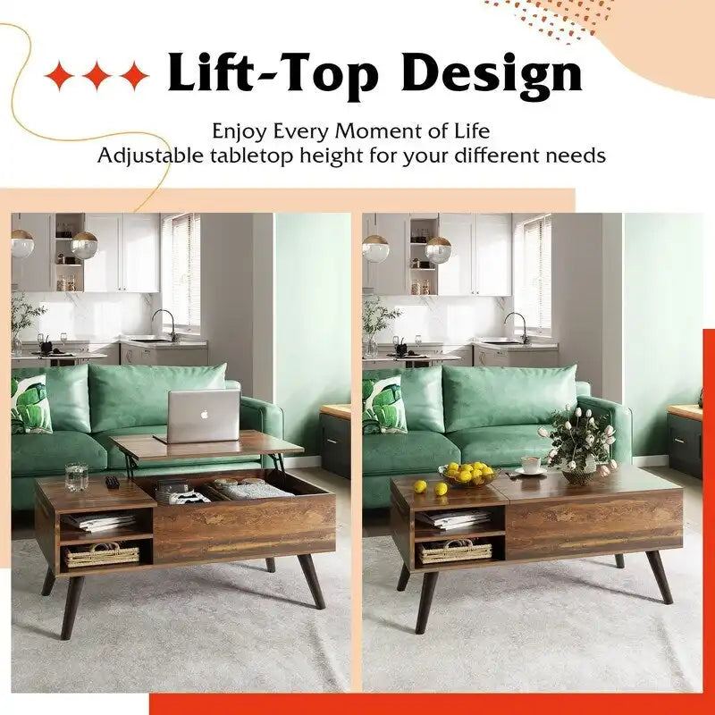 Couchtisch mit Hubplatte, verstecktem Stauraum, seitlicher Ablage und Holzmaserung im Mid-Century-Stil