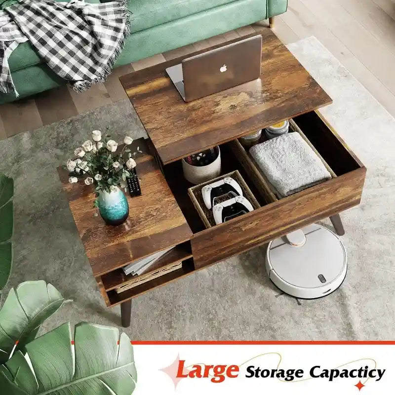Couchtisch mit Hubplatte, verstecktem Stauraum, seitlicher Ablage und Holzmaserung im Mid-Century-Stil