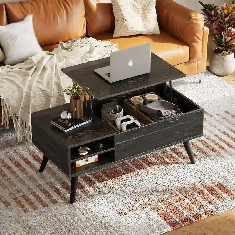 Couchtisch mit Hubplatte, verstecktem Stauraum, seitlicher Ablage und Holzmaserung im Mid-Century-Stil
