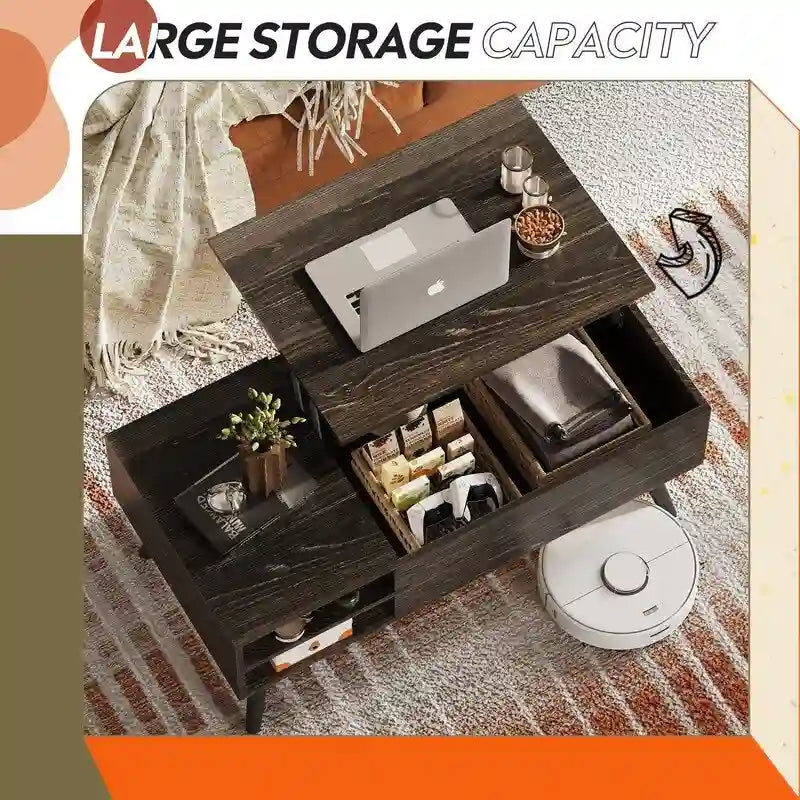 Couchtisch mit Hubplatte, verstecktem Stauraum, seitlicher Ablage und Holzmaserung im Mid-Century-Stil