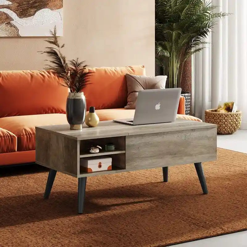 Couchtisch mit Hubplatte, verstecktem Stauraum, seitlicher Ablage und Holzmaserung im Mid-Century-Stil