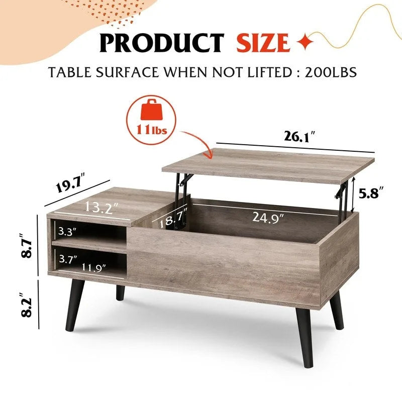 Couchtisch mit Hubplatte, verstecktem Stauraum, seitlicher Ablage und Holzmaserung im Mid-Century-Stil