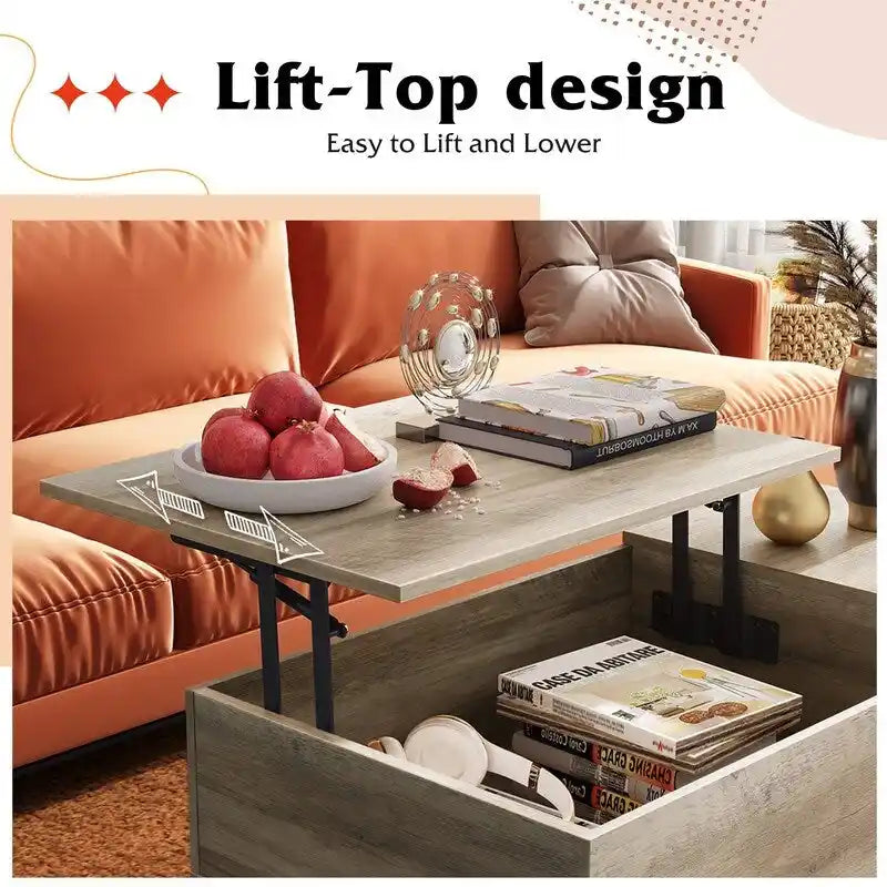 Couchtisch mit Hubplatte, verstecktem Stauraum, seitlicher Ablage und Holzmaserung im Mid-Century-Stil