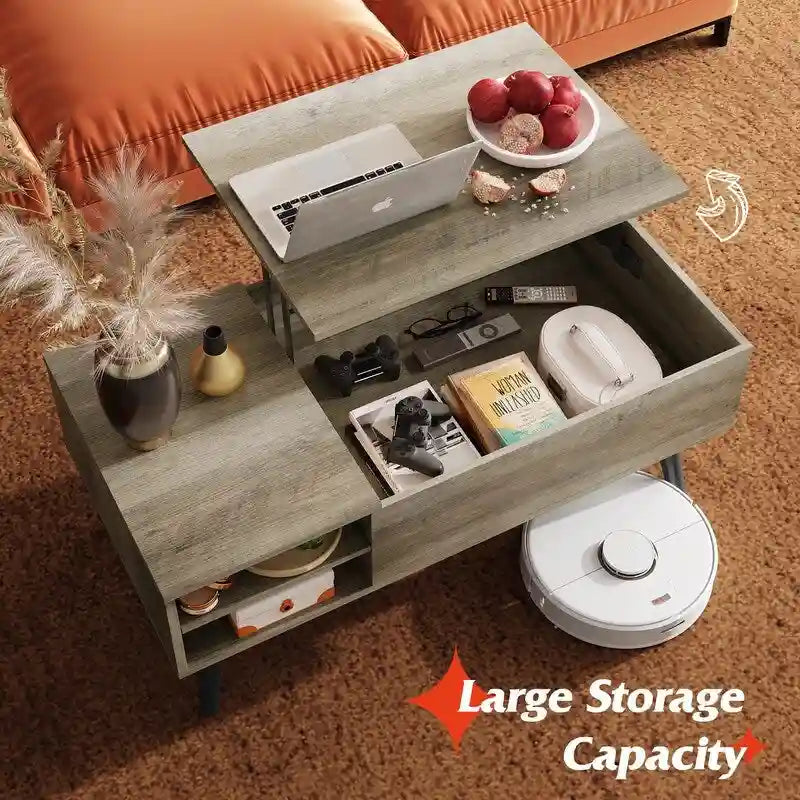 Couchtisch mit Hubplatte, verstecktem Stauraum, seitlicher Ablage und Holzmaserung im Mid-Century-Stil