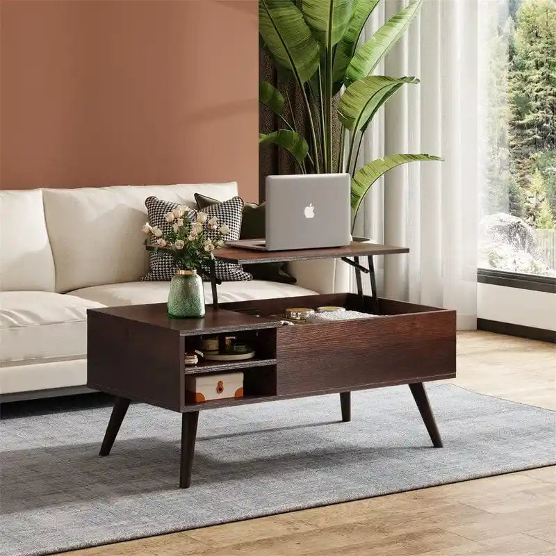 Couchtisch mit Hubplatte, verstecktem Stauraum, seitlicher Ablage und Holzmaserung im Mid-Century-Stil