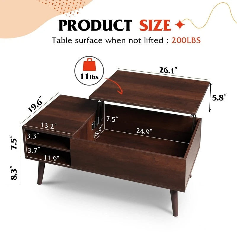 Couchtisch mit Hubplatte, verstecktem Stauraum, seitlicher Ablage und Holzmaserung im Mid-Century-Stil