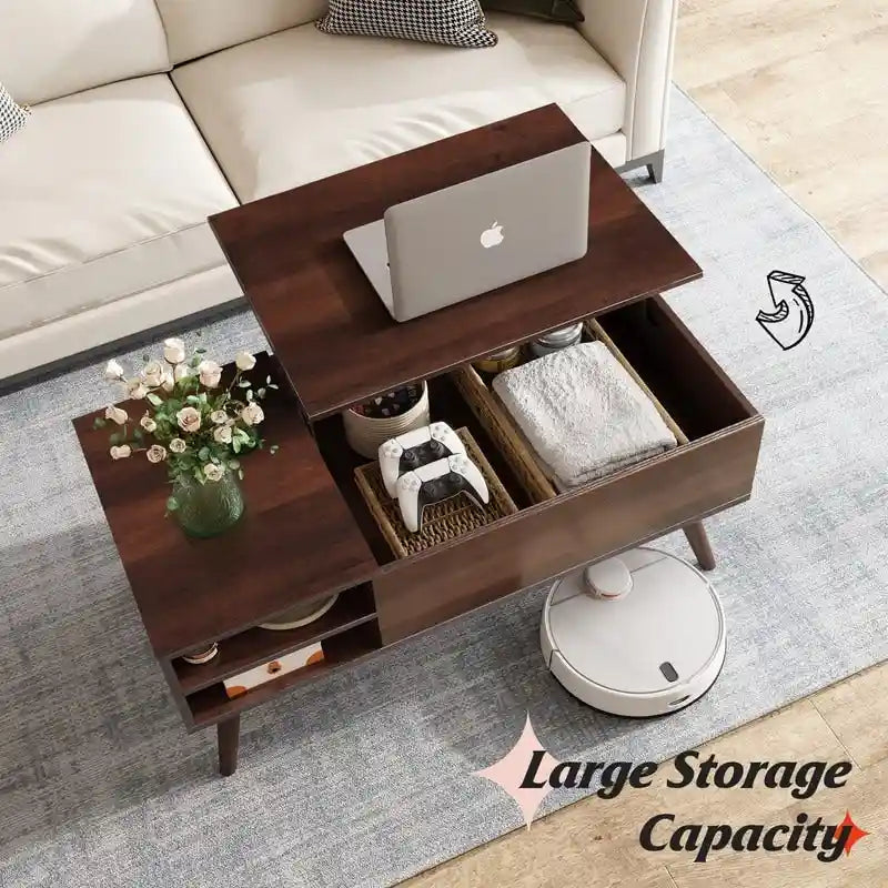 Couchtisch mit Hubplatte, verstecktem Stauraum, seitlicher Ablage und Holzmaserung im Mid-Century-Stil