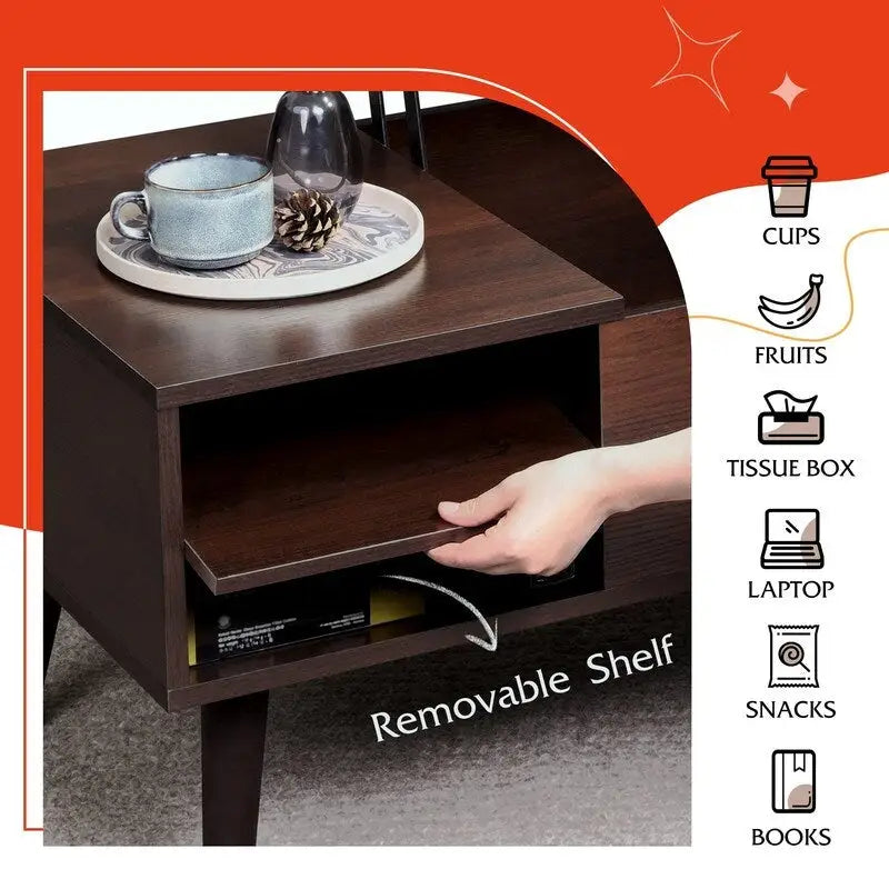 Couchtisch mit Hubplatte, verstecktem Stauraum, seitlicher Ablage und Holzmaserung im Mid-Century-Stil
