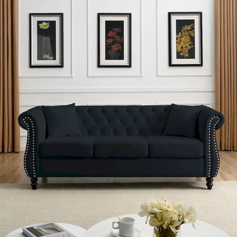 203 cm Chesterfield-Sofa mit Knopfheftung, gerollten Armlehnen, Nagelkopfbesatz und Rahmen aus Massivholz, schwarzer Samt