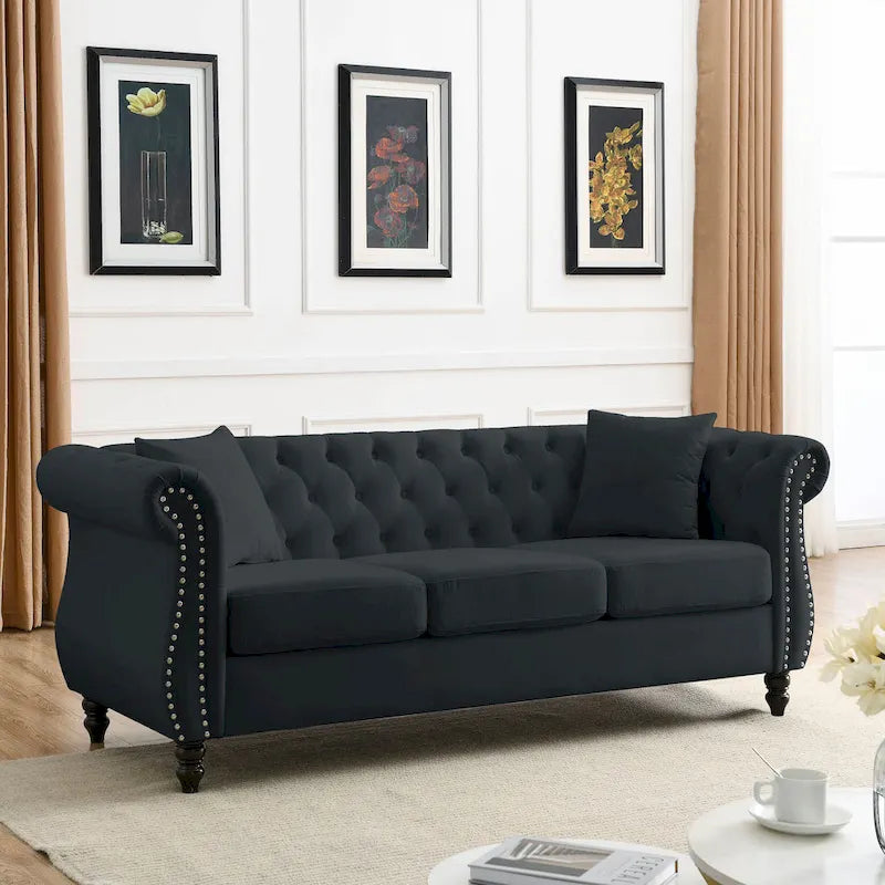 203 cm Chesterfield-Sofa mit Knopfheftung, gerollten Armlehnen, Nagelkopfbesatz und Rahmen aus Massivholz, schwarzer Samt