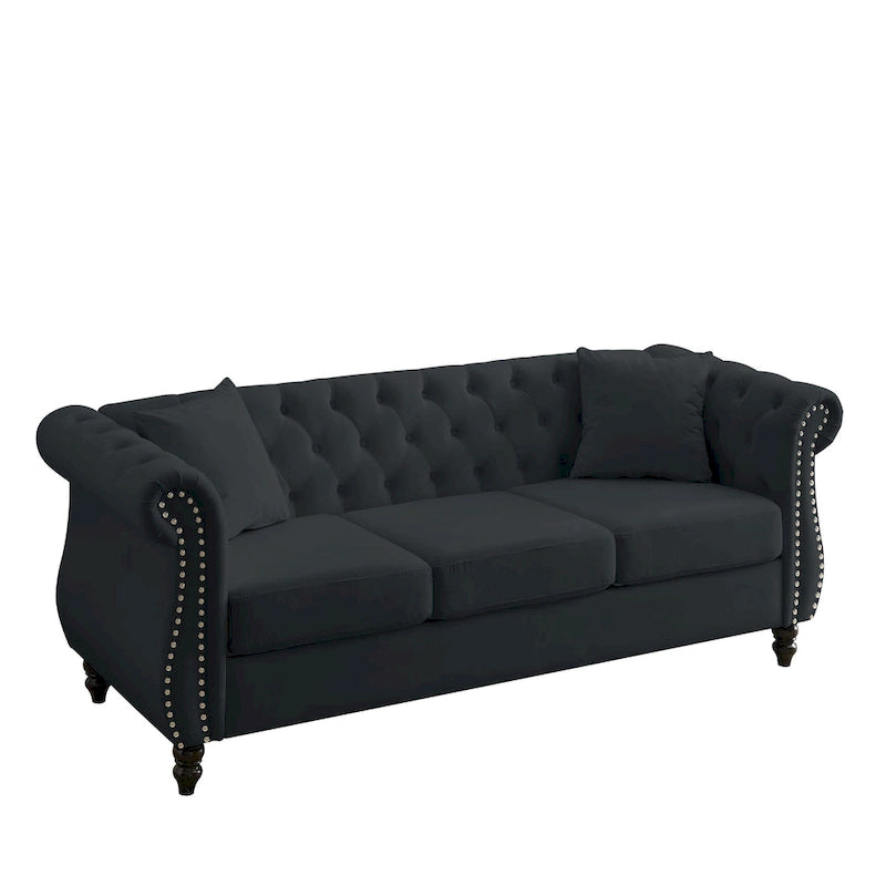 203 cm Chesterfield-Sofa mit Knopfheftung, gerollten Armlehnen, Nagelkopfbesatz und Rahmen aus Massivholz, schwarzer Samt