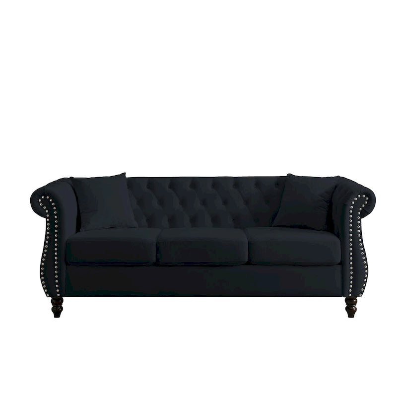 203 cm Chesterfield-Sofa mit Knopfheftung, gerollten Armlehnen, Nagelkopfbesatz und Rahmen aus Massivholz, schwarzer Samt