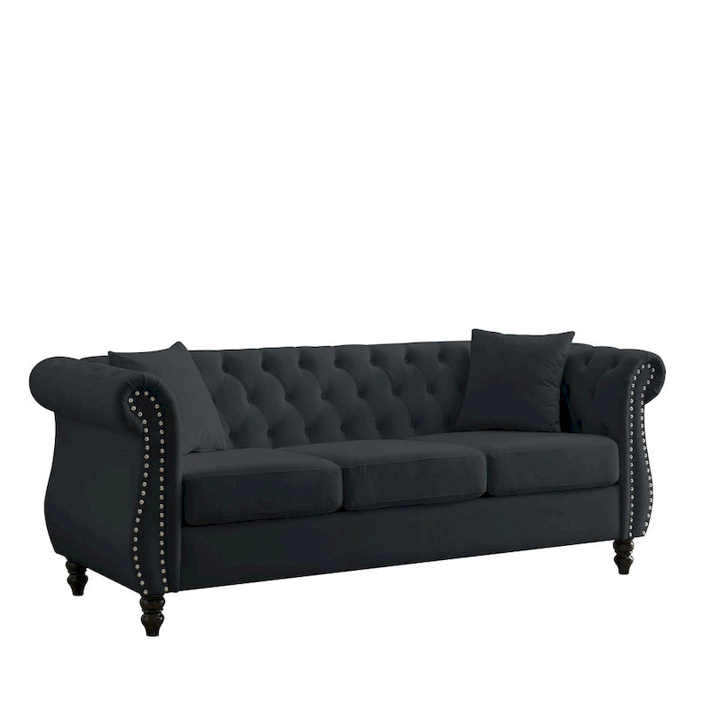 203 cm Chesterfield-Sofa mit Knopfheftung, gerollten Armlehnen, Nagelkopfbesatz und Rahmen aus Massivholz, schwarzer Samt