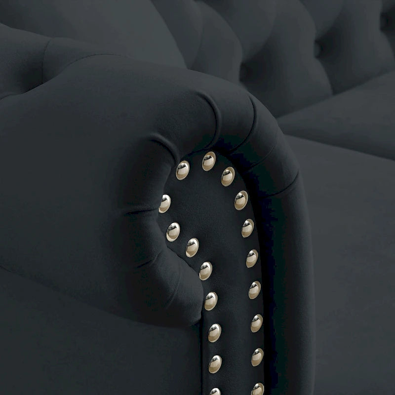 203 cm Chesterfield-Sofa mit Knopfheftung, gerollten Armlehnen, Nagelkopfbesatz und Rahmen aus Massivholz, schwarzer Samt