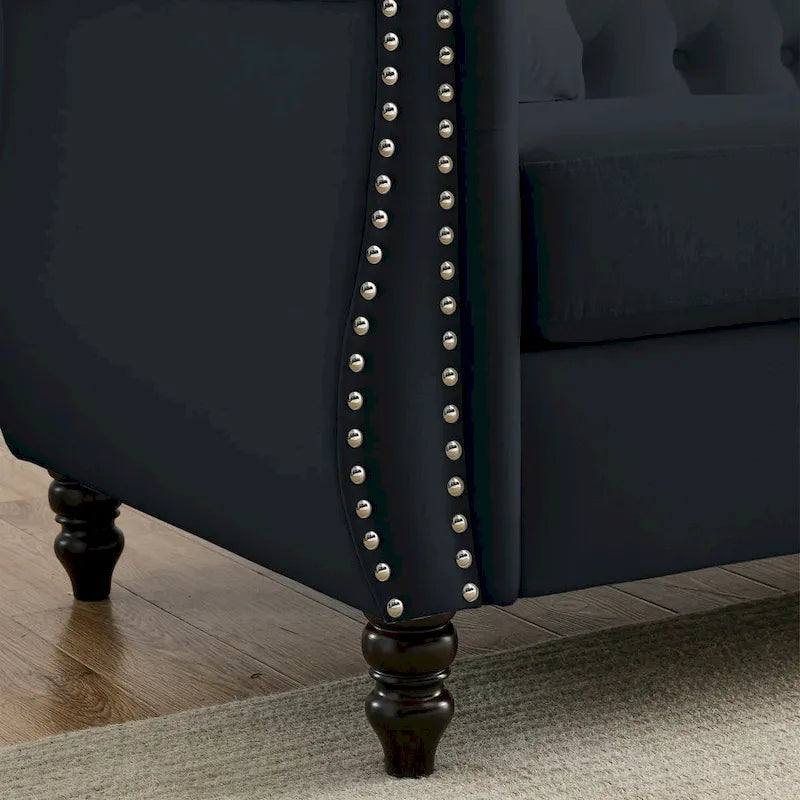 203 cm Chesterfield-Sofa mit Knopfheftung, gerollten Armlehnen, Nagelkopfbesatz und Rahmen aus Massivholz, schwarzer Samt