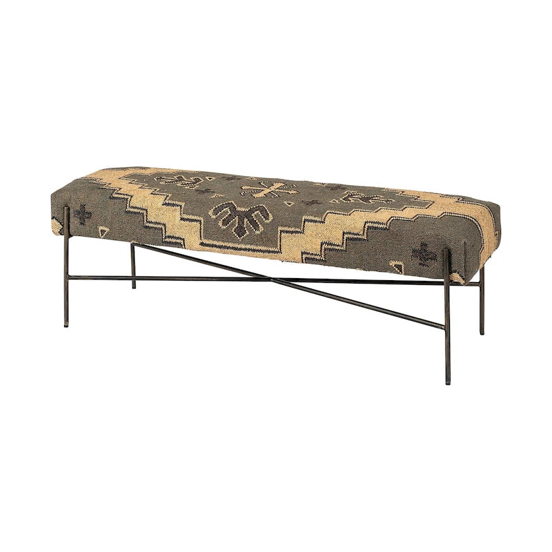 Avery I Olive & Beige Upholstered Patterned Seat Accent Bench - 55W x 17D x 18H