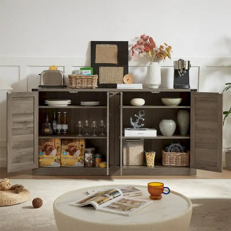65-Inch Slate Gray Faux Rattan Sideboard with Barn Doors Rustic Sideboard,4-Door Storage for Living Room,Entryway,Dining Room