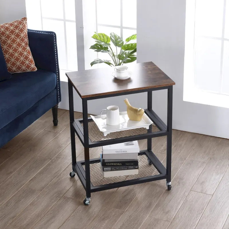 3-Tier Industrial Rolling Kitchen Cart with Metal Mesh Shelves and Caster Wheels, Black