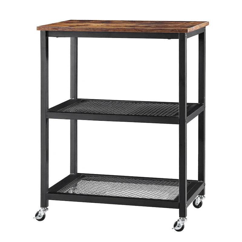 3-Tier Industrial Rolling Kitchen Cart with Metal Mesh Shelves and Caster Wheels, Black