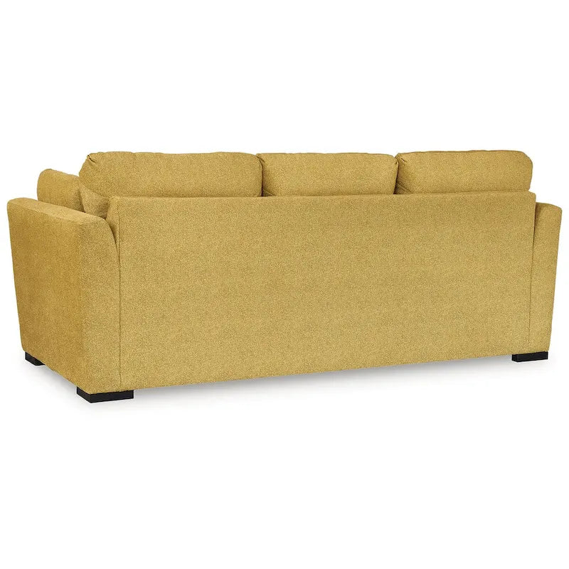 Samtsofa mit Nierenkissen und Plattformuntergestell, an den Ecken verstärktem Rahmen, sonnenblumengelb