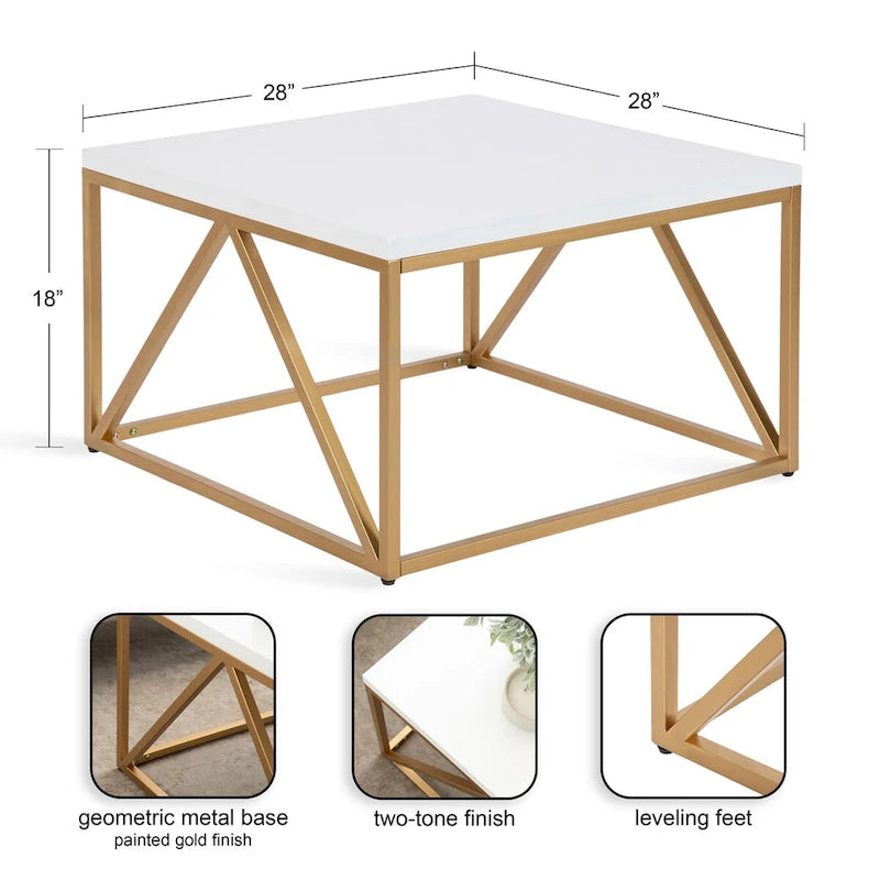 Quadratischer geometrischer Couchtisch mit Metallgestell, moderner Glamour-Stil in Weiß und Gold