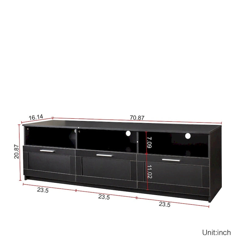 Moderner minimalistischer TV-Schrank mit 3 offenen Fächern und 3 Schubladen aus hochdichter Platte, geeignet für Fernseher bis 80 inch